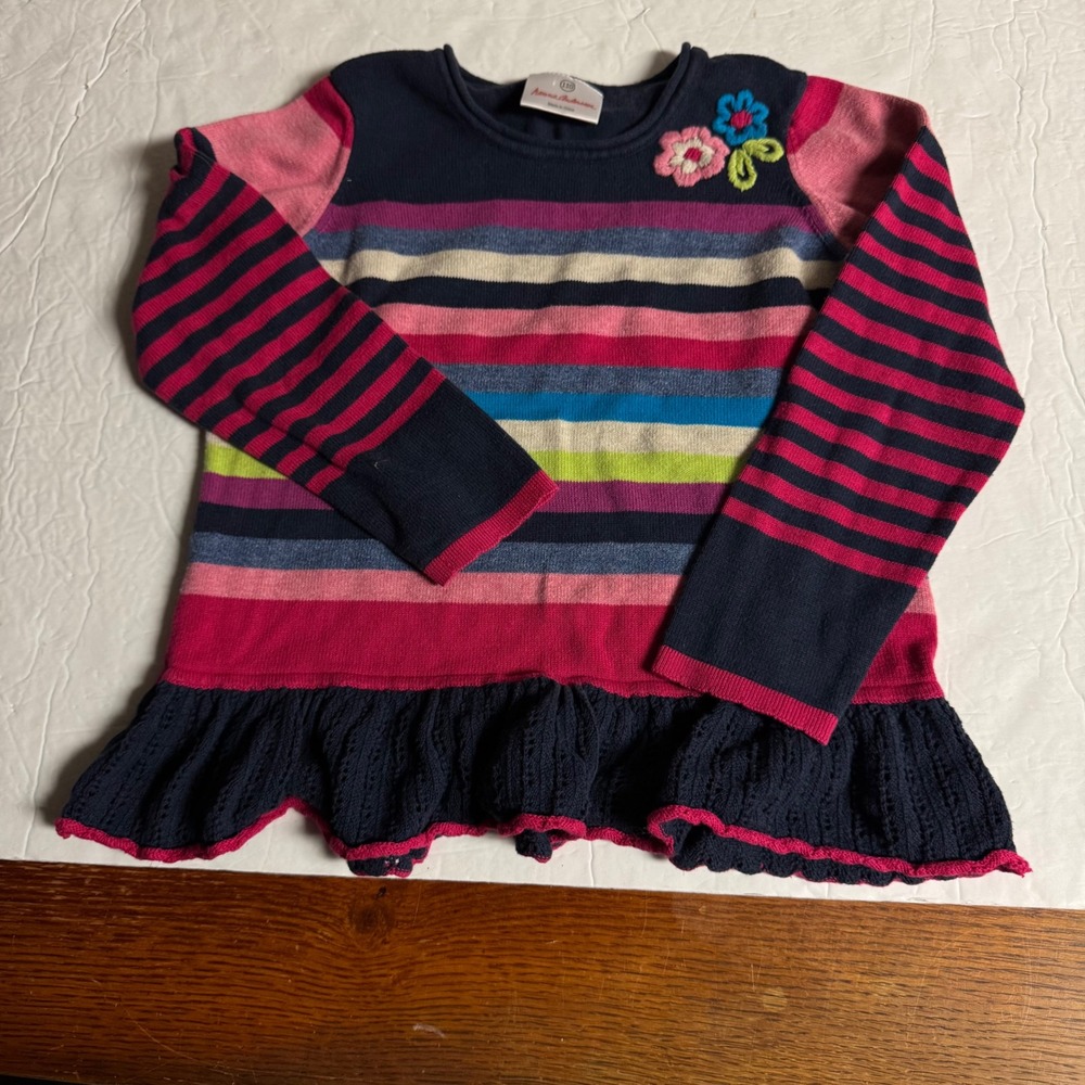 Hanna Andersson Girls Multi Color Striped Ruffle Hem Cotton Sweater Top Size 110